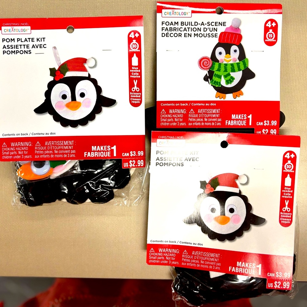 3-Penguin Pom Pom Decoration Kits (Felt and Foam )